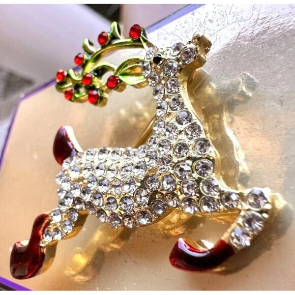 Reindeer Brooch Pin Rudolph Christmas Eve New Crystal Accents Santa Nort… - Picture 7 of 12
